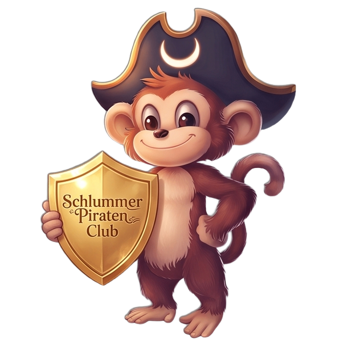 Schlummerpiraten-Club Maskottchen mit Schild