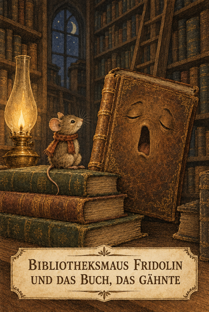 Illustration zur Gute-Nacht-Geschichte „Bibliotheksmaus Fridolin und das Buch, das gähnte“