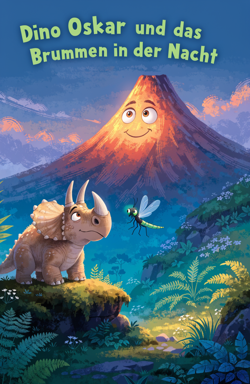 Illustration zur Gute-Nacht-Geschichte „Dino Oskar und das Brummen in der Nacht“