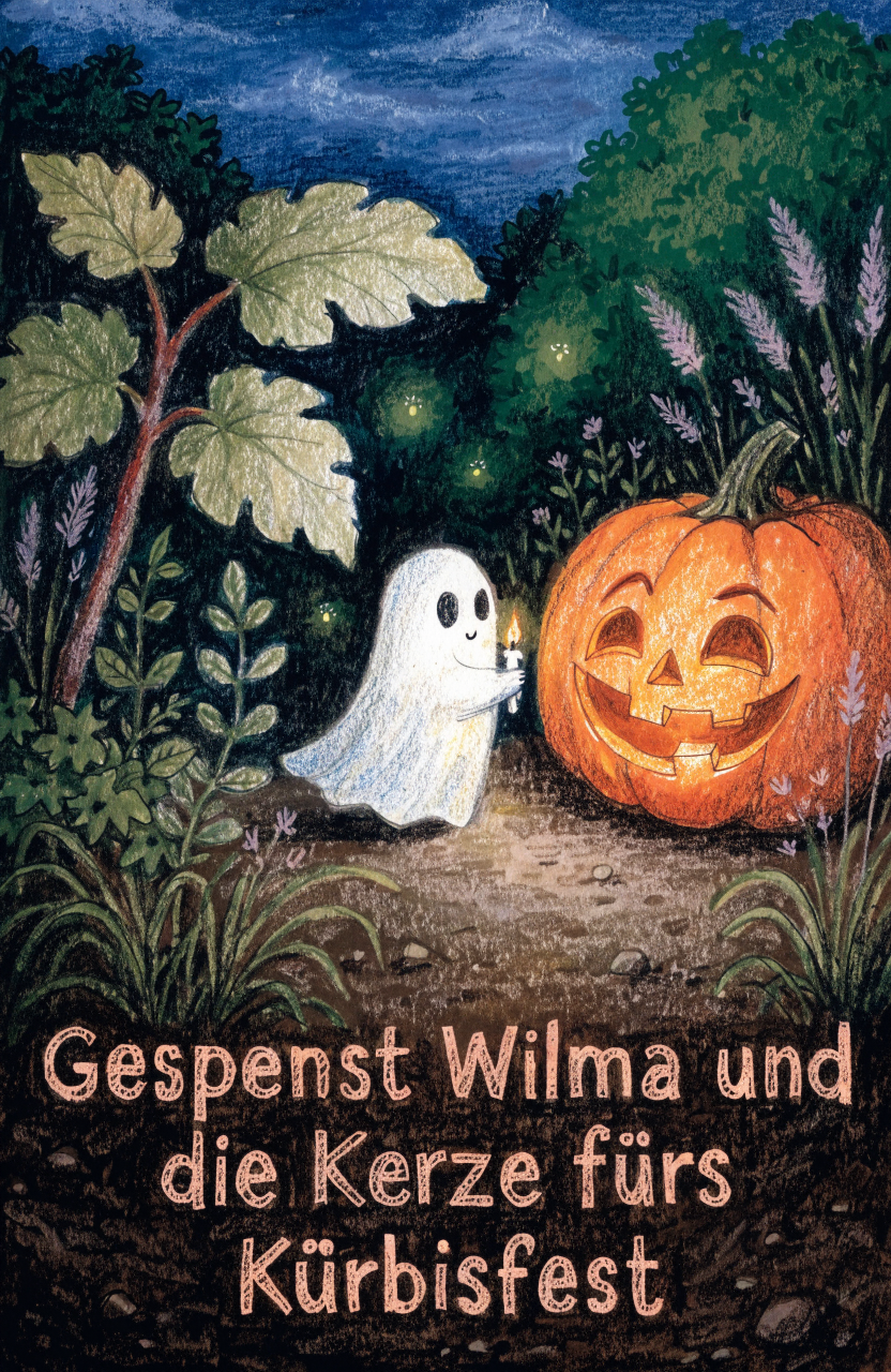 Illustration zur Gute-Nacht-Geschichte „Gespenst Wilma und die Kerze fürs Kürbisfest“