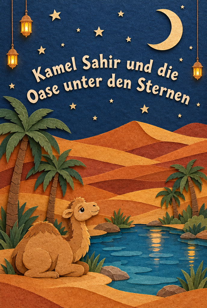 Illustration zur Gute-Nacht-Geschichte „Kamel Sahir und die Oase unter den Sternen“