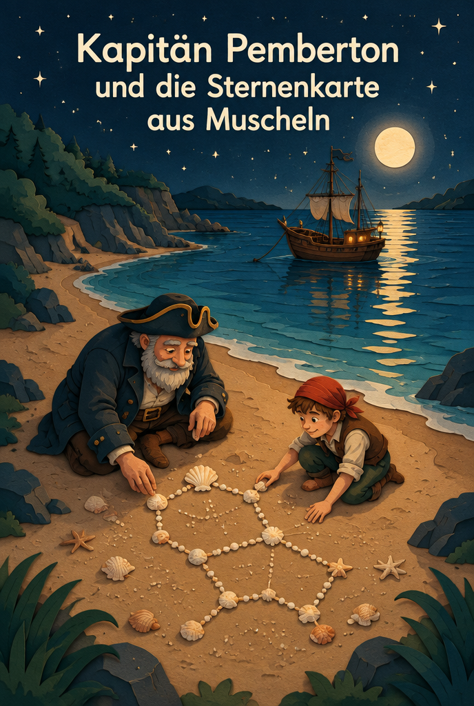 Illustration zur Gute-Nacht-Geschichte „Kapitän Pemberton und die Sternenkarte aus Muscheln“