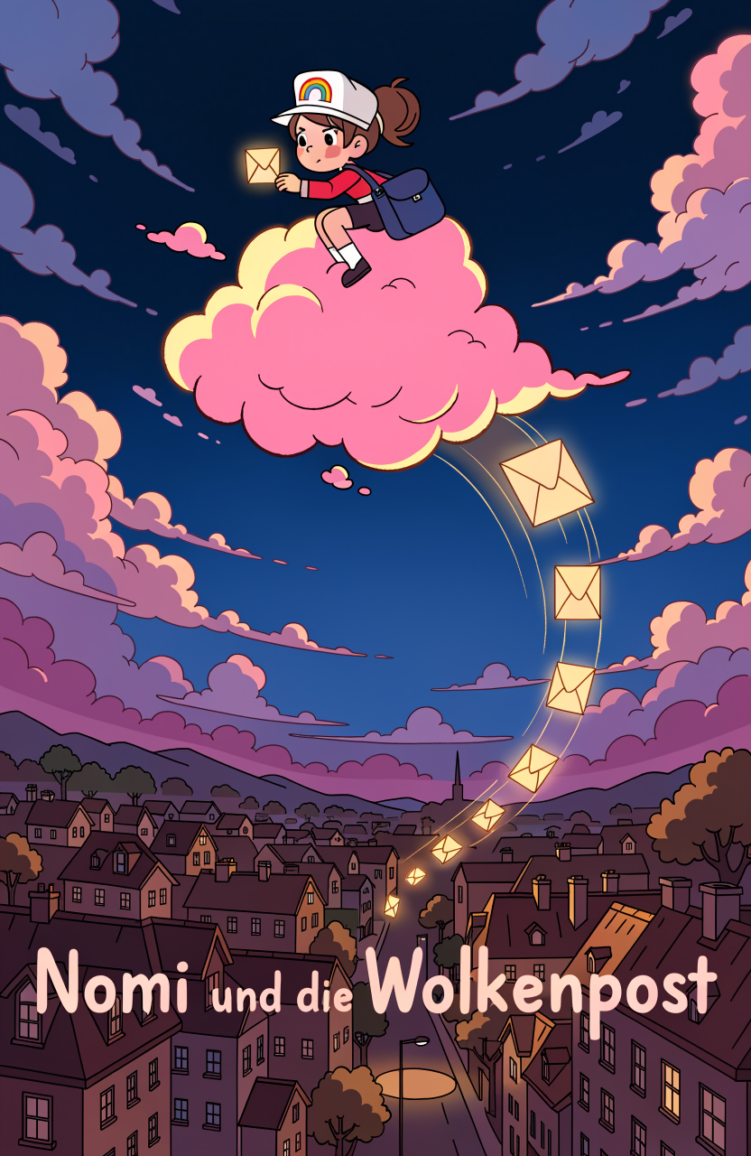 Illustration zur Gute-Nacht-Geschichte „Nomi und die Wolkenpost“
