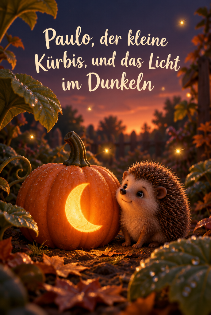 Illustration zur Gute-Nacht-Geschichte „Paulo, der kleine Kürbis, und das Licht im Dunkeln“