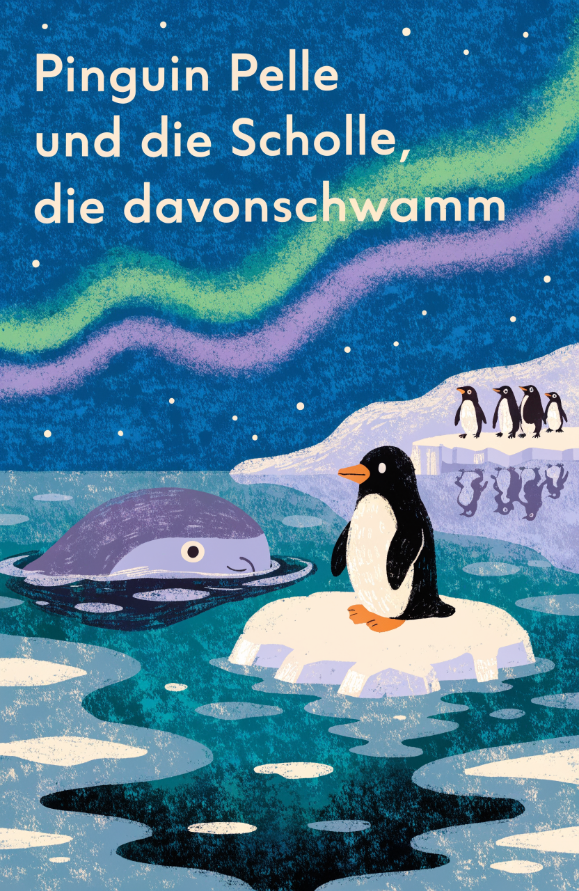 Illustration zur Gute-Nacht-Geschichte „Pinguin Pelle und die Scholle, die davonschwamm“