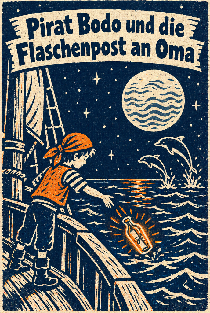 Illustration zur Gute-Nacht-Geschichte „Pirat Bodo und die Flaschenpost an Oma“