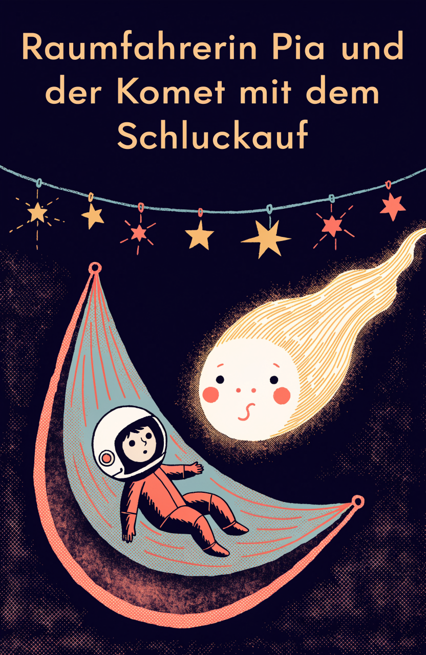 Illustration zur Gute-Nacht-Geschichte „Raumfahrerin Pia und der Komet mit dem Schluckauf“