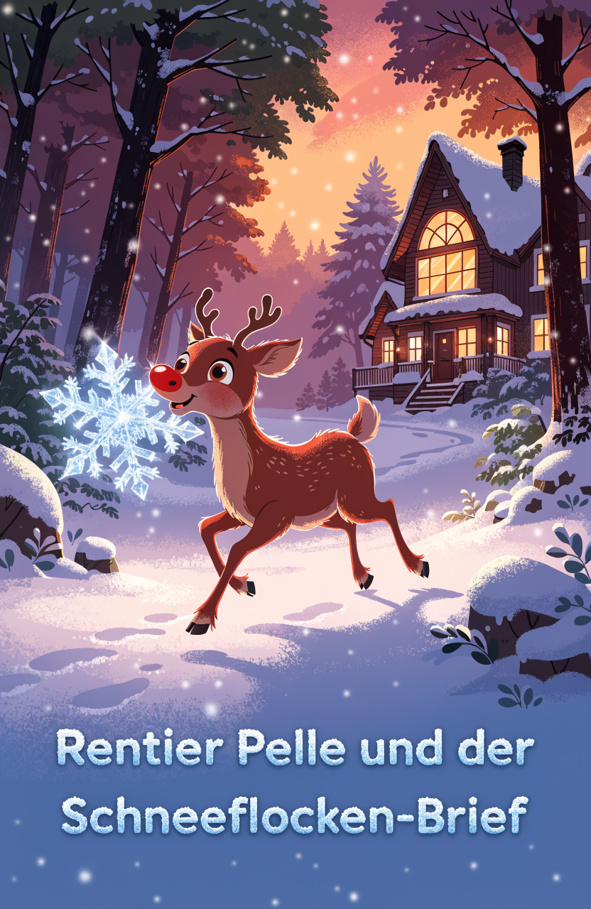 Illustration zur Gute-Nacht-Geschichte „Rentier Pelle und der Schneeflocken-Brief“