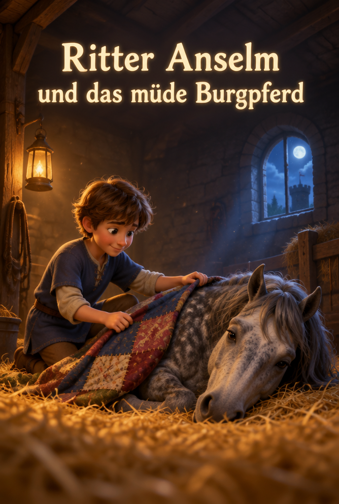 Illustration zur Gute-Nacht-Geschichte „Ritter Anselm und das müde Burgpferd“