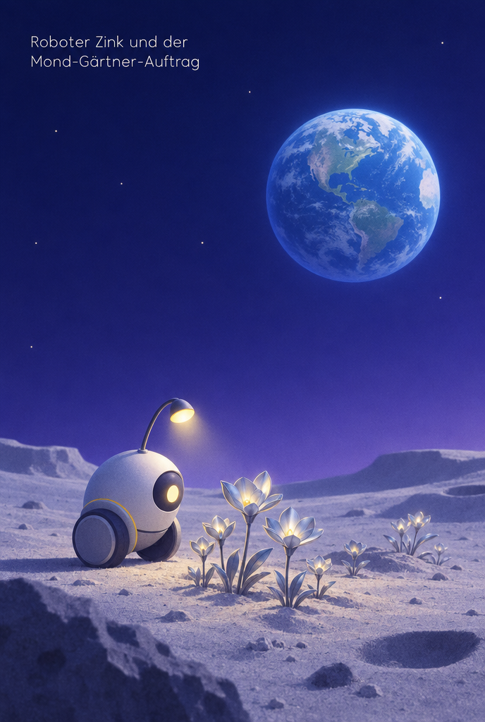 Illustration zur Gute-Nacht-Geschichte „Roboter Zink und der Mond-Gärtner-Auftrag“