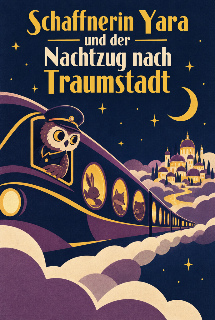 Illustration zur Gute-Nacht-Geschichte „Schaffnerin Yara und der Nachtzug nach Traumstadt“